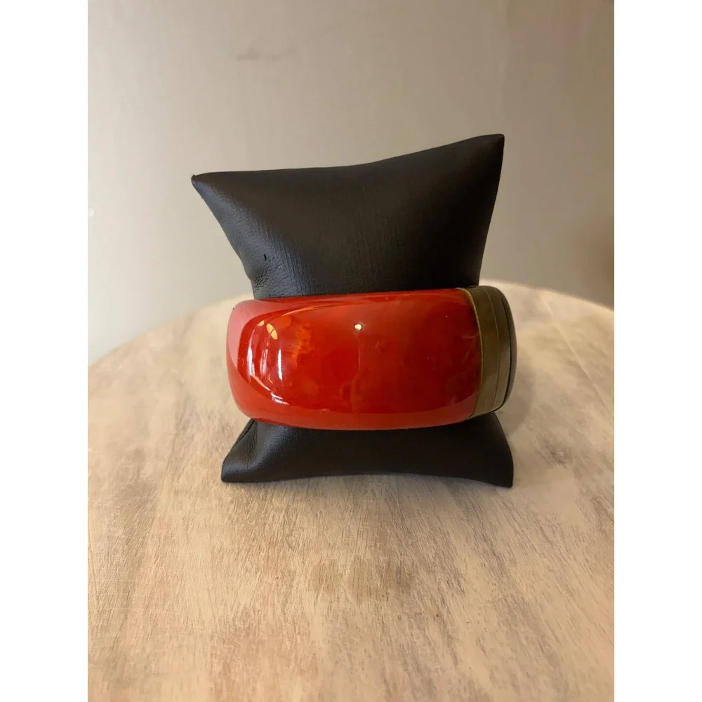 Premier Designs Red Resin and Wood Hinge Cuff Bracelet Brass Tone Chunky Bangle